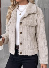 Beige tops,Plain Color tops,Button Beige Turn Down Collar Long Sleeve Coat
