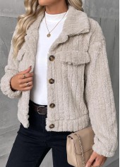 Beige tops,Plain Color tops,Button Beige Turn Down Collar Long Sleeve Coat