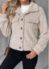 Beige tops,Plain Color tops,Button Beige Turn Down Collar Long Sleeve Coat