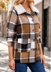 Light Coffee tops,Plaid tops,Geometric tops,Patch Pocket Plaid Light Coffee Turn Down Collar Coat