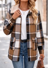 Light Coffee tops,Plaid tops,Geometric tops,Patch Pocket Plaid Light Coffee Turn Down Collar Coat