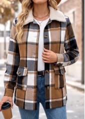 Light Coffee tops,Plaid tops,Geometric tops,Patch Pocket Plaid Light Coffee Turn Down Collar Coat