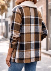 Light Coffee tops,Plaid tops,Geometric tops,Patch Pocket Plaid Light Coffee Turn Down Collar Coat