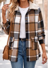 Patch Pocket Plaid Light Coffee Turn Down Collar Coat