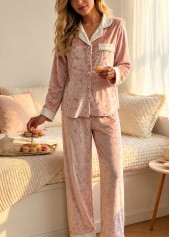 Dusty Pink loungewear,Contrast Color loungewear,Dusty Pink Turn Down Collar Lounge Top and Pants