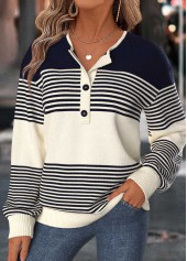 ROTITA Tummy Coverage Striped Navy Split Neck Long Sleeve Sweater