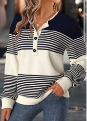 Navy tops,Striped tops,Geometric tops,ROTITA Tummy Coverage Striped Navy Split Neck Long Sleeve Sweater