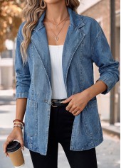 ROTITA Patch Pocket Blue Lapel Long Sleeve Coat