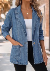Blue tops,Plain Color tops,ROTITA Patch Pocket Blue Lapel Long Sleeve Coat