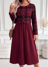 ROTITA Dark Reddish Purple Plaid Patchwork Round Neck Dress