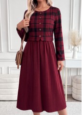 Dark Reddish Purple dresses,Plaid dresses,Geometric dresses,Everyday dresses,Casual dresses,ROTITA Dark Reddish Purple Plaid Patchwork Round Neck Dress