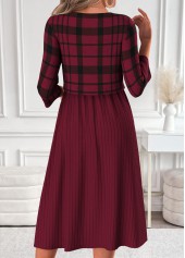 Dark Reddish Purple dresses,Plaid dresses,Geometric dresses,Everyday dresses,Casual dresses,ROTITA Dark Reddish Purple Plaid Patchwork Round Neck Dress
