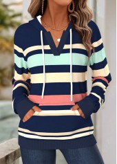 ROTITA Kangaroo Pocket Striped Navy Split Neck Long Sleeve Hoodie
