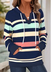 Navy tops,Striped tops,Geometric tops,ROTITA Kangaroo Pocket Striped Navy Split Neck Long Sleeve Hoodie