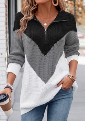 ROTITA Tummy Coverage Black Turn Down Collar Long Sleeve Sweater