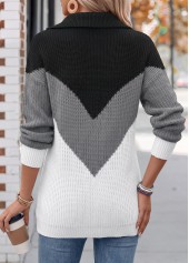 Black tops,Contrast Color tops,ROTITA Tummy Coverage Black Turn Down Collar Long Sleeve Sweater