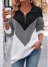 Black tops,Contrast Color tops,ROTITA Tummy Coverage Black Turn Down Collar Long Sleeve Sweater