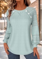 ROTITA Button Green Round Neck Long Sleeve Sweatshirt
