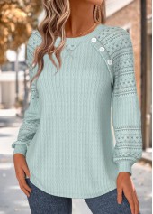 Green tops,Plain Color tops,ROTITA Button Green Round Neck Long Sleeve Sweatshirt