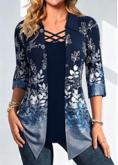 ROTITA Leaf Print Denim Blue Fake Two Piece Twinset