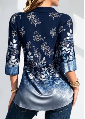 Denim Blue tops,Plants tops,Geometric tops,ROTITA Leaf Print Denim Blue Fake Two Piece Twinset