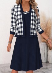 ROTITA Navy Plaid Two-piece Round Neck Dress and Cardigan