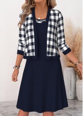 Navy dresses,Plaid dresses,Geometric dresses,Everyday dresses,Casual dresses,ROTITA Navy Plaid Two-piece Round Neck Dress and Cardigan
