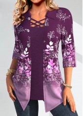 Purple tops,Plants tops,Geometric tops,ROTITA Leaf Print Purple Fake Two Piece Twinset