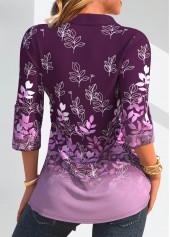 Purple tops,Plants tops,Geometric tops,ROTITA Leaf Print Purple Fake Two Piece Twinset