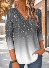 Grey tops,Ombre tops,ROTITA Ombre Grey V Neck Long Sleeve T Shirt