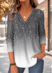 ROTITA Ombre Grey V Neck Long Sleeve T Shirt