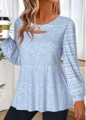 Light Blue tops,Plain Color tops,ROTITA Layered Light Blue Round Neck Long Sleeve T Shirt