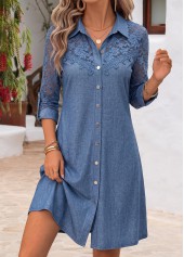 ROTITA Denim Blue Patchwork Shirt Collar Long Sleeve Dress