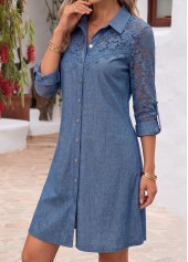 Denim Blue dresses,Plain Color dresses,Everyday dresses,Casual dresses,ROTITA Denim Blue Patchwork Shirt Collar Long Sleeve Dress