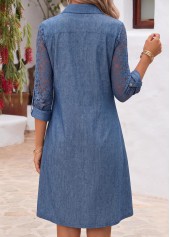 Denim Blue dresses,Plain Color dresses,Everyday dresses,Casual dresses,ROTITA Denim Blue Patchwork Shirt Collar Long Sleeve Dress