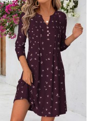 Dark Purple dresses,Floral dresses,Plants dresses,Everyday dresses,Casual dresses,ROTITA Dark Purple Floral Print Tuck Stitch Short Dress