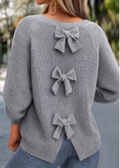 ROTITA Bowknot Grey Round Neck Long Sleeve Sweater