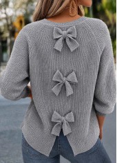 Grey tops,Plain Color tops,ROTITA Bowknot Grey Round Neck Long Sleeve Sweater