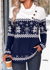 ROTITA Curved Hem Snowflake Print Navy Long Sleeve T Shirt
