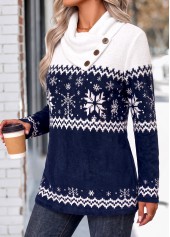 Navy tops,Christmas tops,ROTITA Curved Hem Snowflake Print Navy Long Sleeve T Shirt