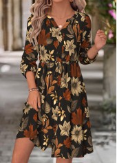 ROTITA Black Leaf Print Shirred Split Neck Long Sleeve Dress