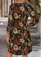 Black dresses,Plants dresses,Everyday dresses,Casual dresses,ROTITA Black Leaf Print Shirred Split Neck Long Sleeve Dress