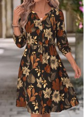 Black dresses,Plants dresses,Everyday dresses,Casual dresses,ROTITA Black Leaf Print Shirred Split Neck Long Sleeve Dress