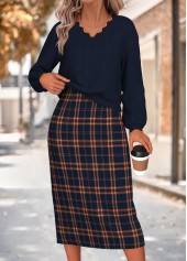 ROTITA Navy Plaid Two-piece V Neck Dress and Cardigan