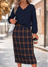 Navy dresses,Plaid dresses,Geometric dresses,Everyday dresses,Casual dresses,ROTITA Navy Plaid Two-piece V Neck Dress and Cardigan