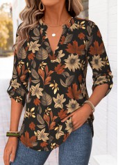 ROTITA Curved Hem Floral Print Multi Color Split Neck Shirt