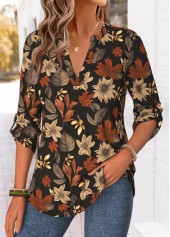 Multi Color tops,Floral tops,Plants tops,ROTITA Curved Hem Floral Print Multi Color Split Neck Shirt