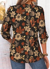 Multi Color tops,Floral tops,Plants tops,ROTITA Curved Hem Floral Print Multi Color Split Neck Shirt