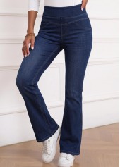 Denim Blue bottoms,Plain Color bottoms,ROTITA Denim Blue Flare Leg Elastic Waist High Waisted Jeans