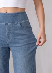 Denim Blue bottoms,Plain Color bottoms,ROTITA Denim Blue Straight Leg Elastic Waist High Waisted Jeans